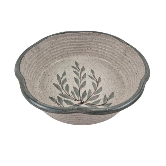 Handcrafted Stoneware Ceramic Bowl Leaf Design Speckled Glossy Finish Rustic - Picture 3 of 10
